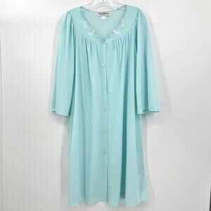 Miss Elaine Nylon Robe Sz Large Aqua Blue Button Front Housecoat Cottagecore VTG